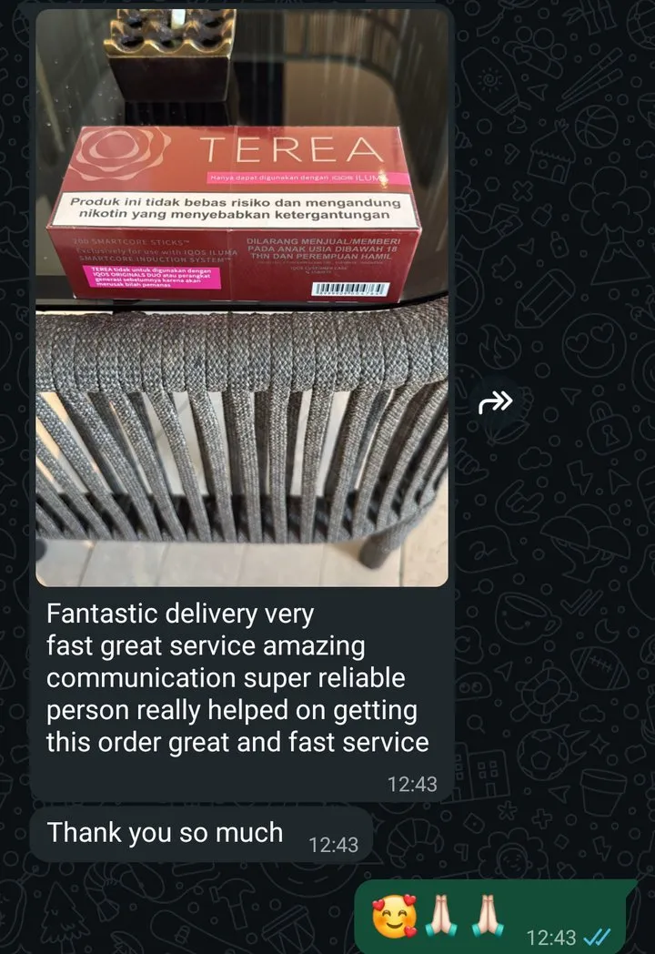 WhatsApp-Chat: Kunde in Bangkok erhält TEREA Sienna per Express nach 90 Minuten im Hotel und lobt die schnelle, zuverlässige Lieferung