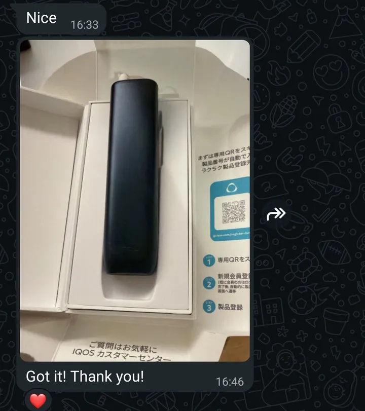 WhatsApp-Chat: Foto eines IQOS ILUMA i ONE in der Verpackung, Kunde in Bangkok schreibt „Got it! Thank you!“