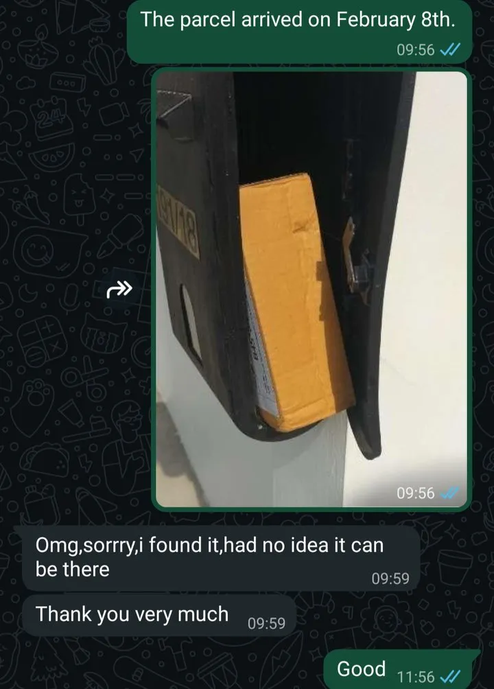 WhatsApp-Chat: Paket mit TEREA Warm im Briefkasten eines Hauses auf Phuket, der Kunde hat es dort gefunden