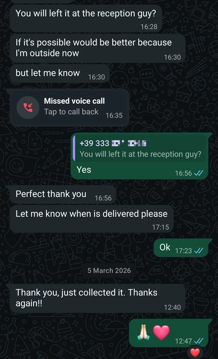 WhatsApp-Chat: Paket mit TEREA Bronze an der Hotelrezeption in Bangkok hinterlegt, der Kunde hat es abgeholt