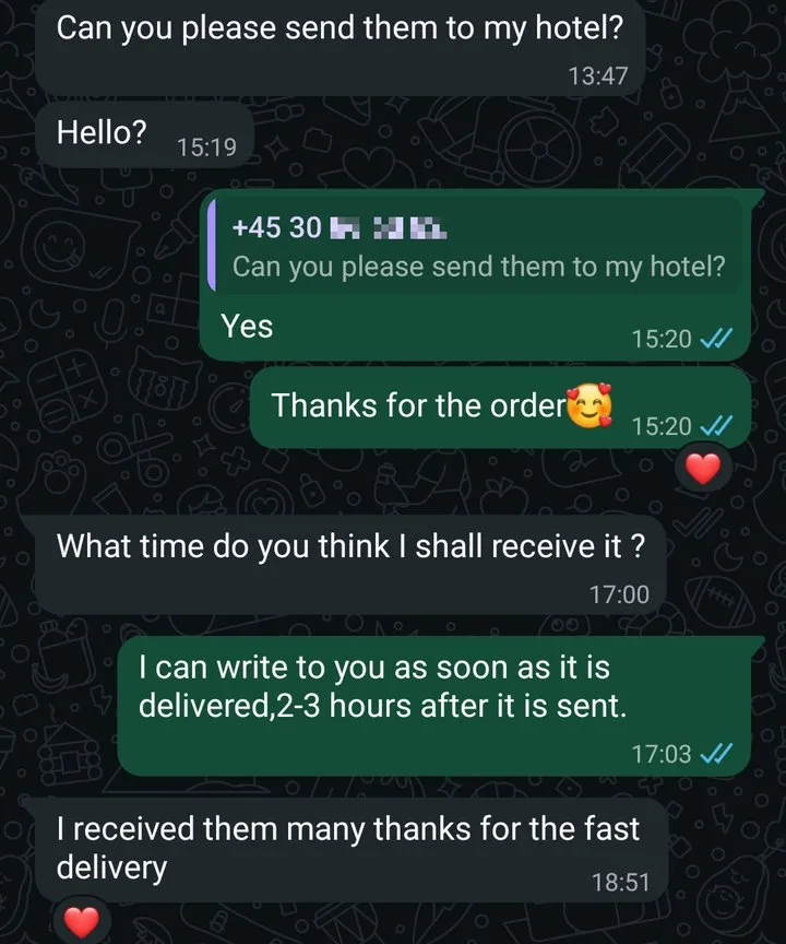 WhatsApp-Chat: TEREA Yellow aus Japan ins Hotel in Bangkok, geliefert nach 3,5 Stunden, der Kunde bedankt sich