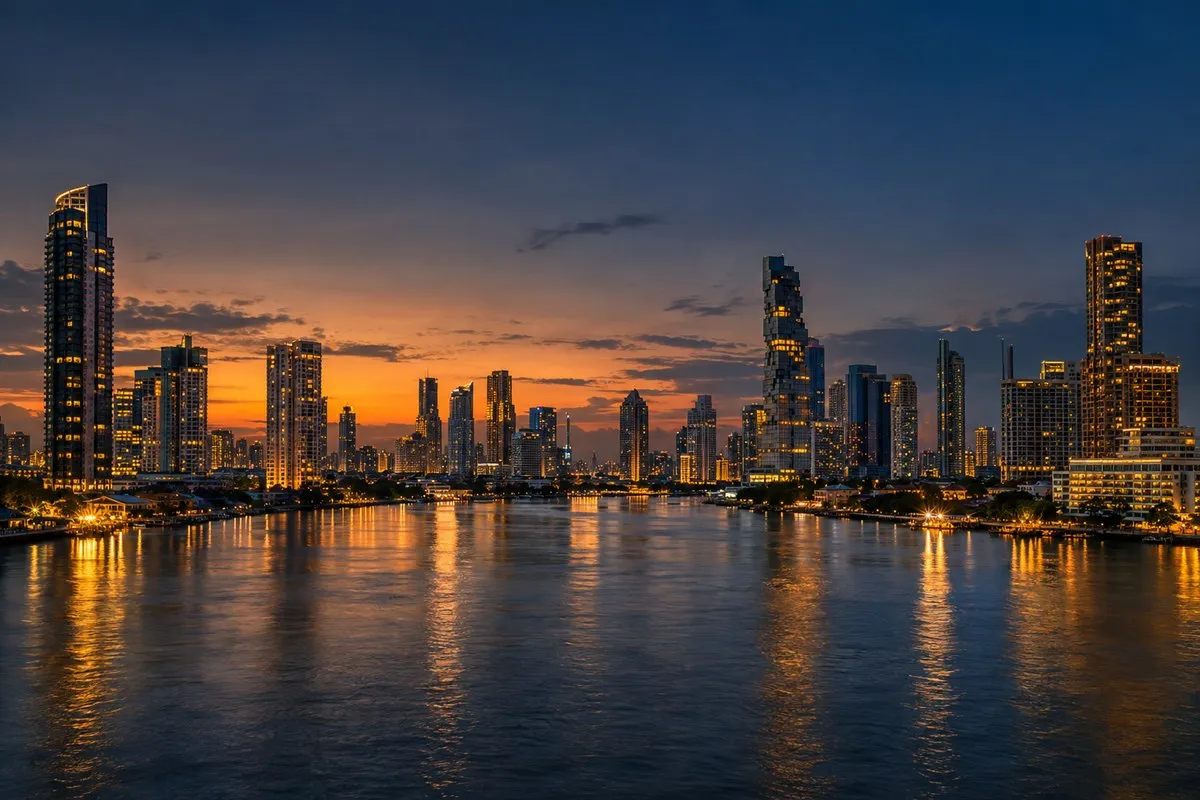 Skyline von Bangkok am Chao Phraya
