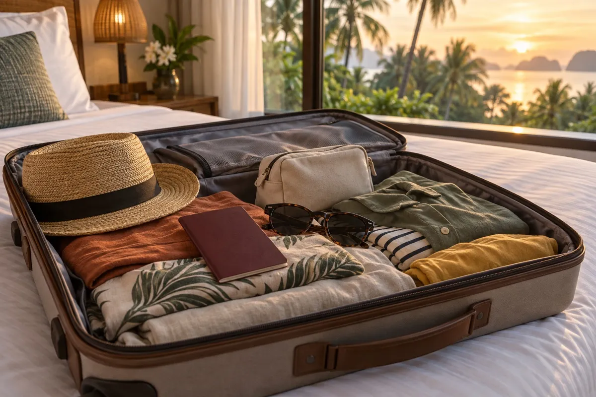 Offener Koffer mit Sommerkleidung, Reisepass und Sonnenbrille auf einem Hotelbett in Thailand