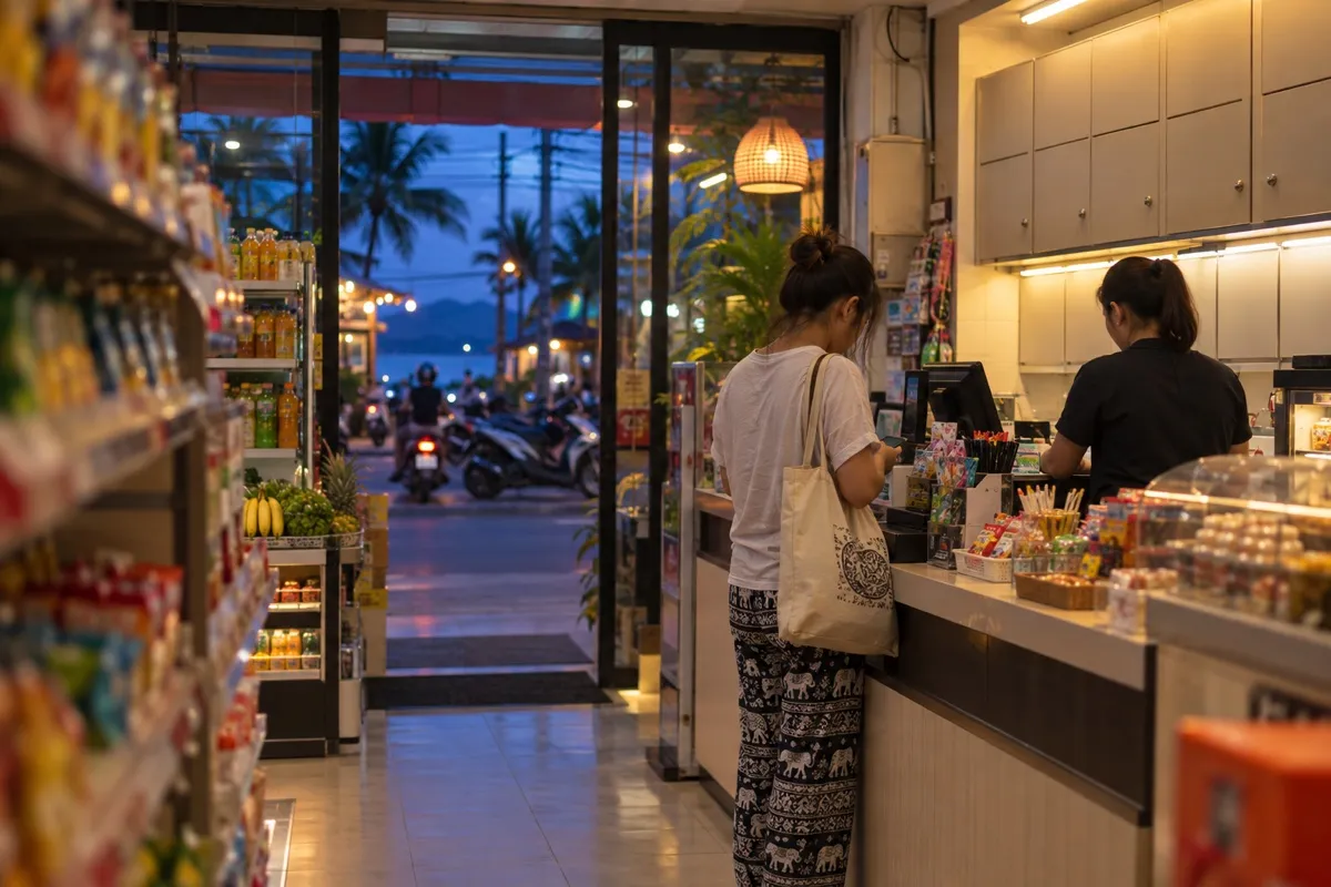 Kasse in einem kleinen Supermarkt in Thailand am Abend